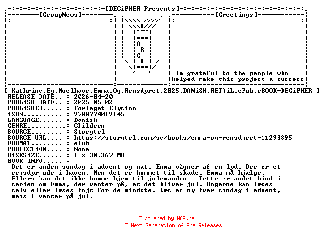 NFO for the release Kathrine.Eg.Moelhave.Emma.Og.Rensdyret.2025.DANiSH.RETAiL.ePub.eBOOK-DECiPHER by DECiPHER