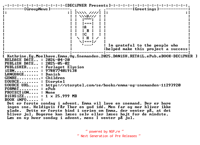 NFO for the release Kathrine.Eg.Moelhave.Emma.Og.Snemanden.2025.DANiSH.RETAiL.ePub.eBOOK-DECiPHER by DECiPHER