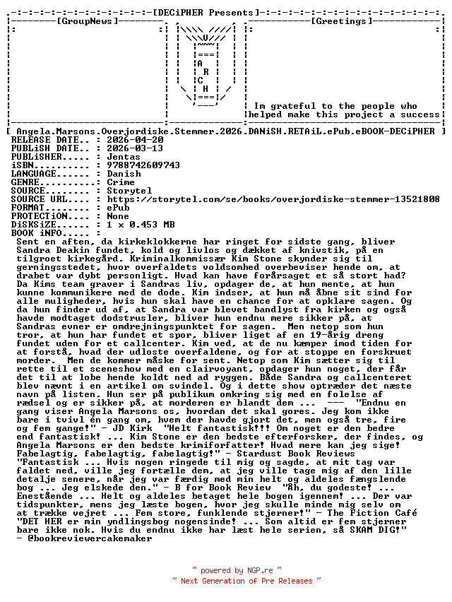NFO for the release Angela.Marsons.Overjordiske.Stemmer.2026.DANiSH.RETAiL.ePub.eBOOK-DECiPHER by DECiPHER