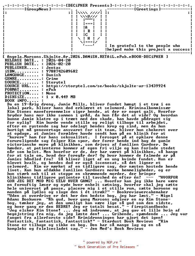 NFO for the release Angela.Marsons.Skjulte.Ar.2026.DANiSH.RETAiL.ePub.eBOOK-DECiPHER by DECiPHER