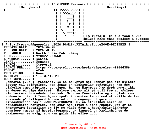 NFO for the release Anita.Stroem.Afgoerelsen.2026.DANiSH.RETAiL.ePub.eBOOK-DECiPHER by DECiPHER