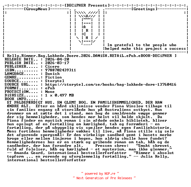 NFO for the release Kelly.Rimmer.Bag.Lukkede.Doere.2026.DANiSH.RETAiL.ePub.eBOOK-DECiPHER by DECiPHER