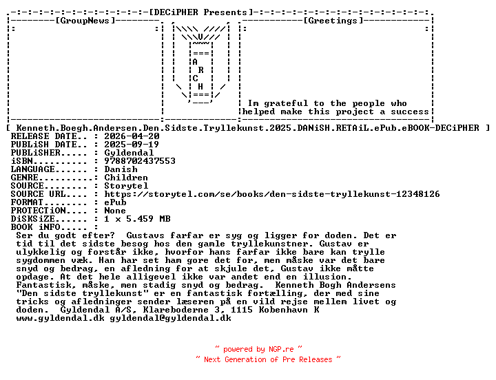 NFO for the release Kenneth.Boegh.Andersen.Den.Sidste.Tryllekunst.2025.DANiSH.RETAiL.ePub.eBOOK-DECiPHER by DECiPHER