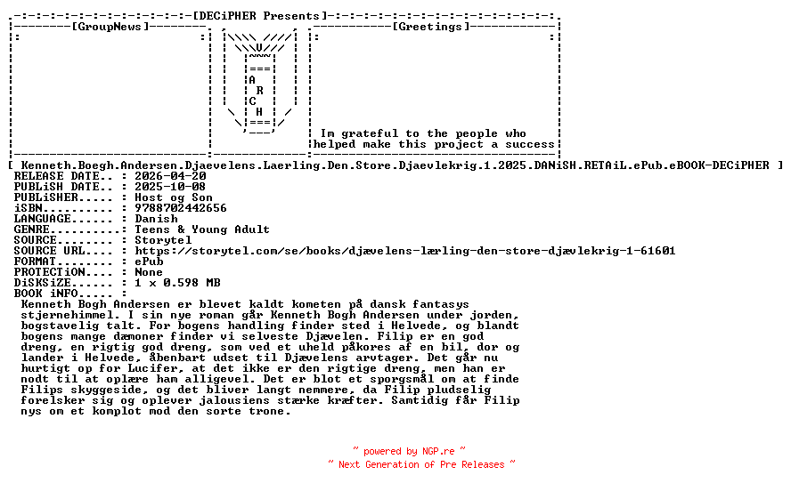 NFO for the release Kenneth.Boegh.Andersen.Djaevelens.Laerling.Den.Store.Djaevlekrig.1.2025.DANiSH.RETAiL.ePub.eBOOK-DECiPHER by DECiPHER