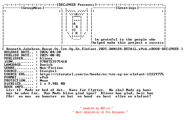 NFO for the release Kenneth.Jakobsen.Boeye.Os.Tre.Og.En.Elefant.2025.DANiSH.RETAiL.ePub.eBOOK-DECiPHER by DECiPHER