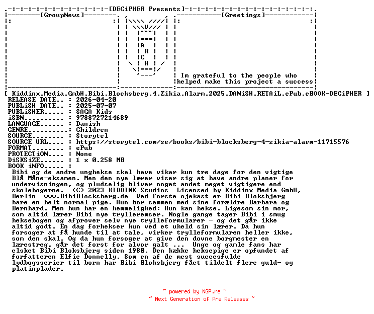 NFO for the release Kiddinx.Media.Gmbh.Bibi.Blocksberg.4.Zikia.Alarm.2025.DANiSH.RETAiL.ePub.eBOOK-DECiPHER by DECiPHER