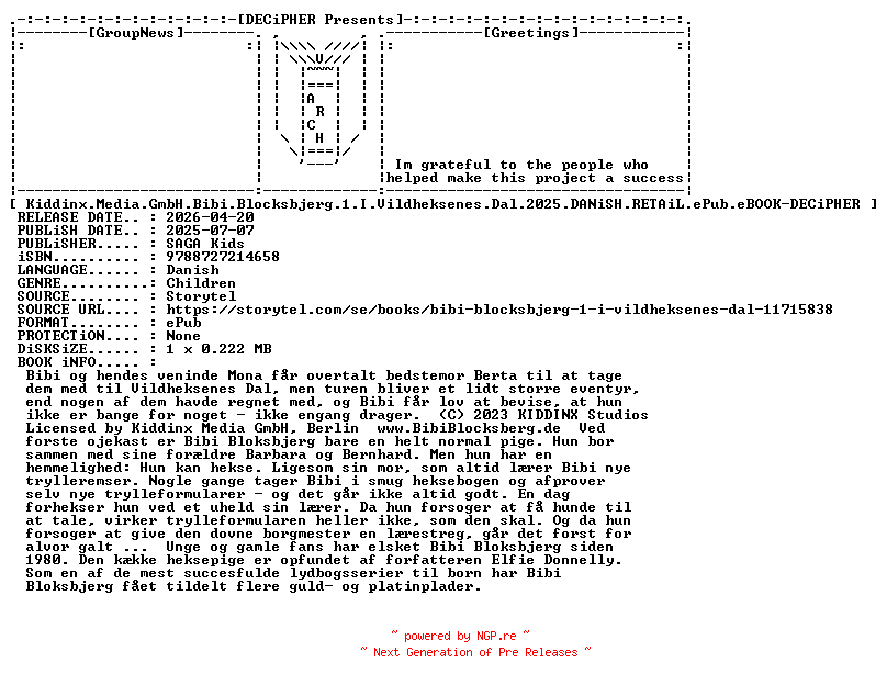 NFO for the release Kiddinx.Media.Gmbh.Bibi.Blocksbjerg.1.I.Vildheksenes.Dal.2025.DANiSH.RETAiL.ePub.eBOOK-DECiPHER by DECiPHER