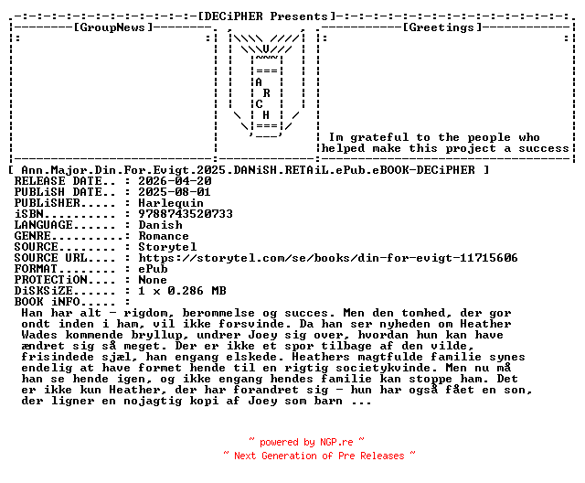 NFO for the release Ann.Major.Din.For.Evigt.2025.DANiSH.RETAiL.ePub.eBOOK-DECiPHER by DECiPHER