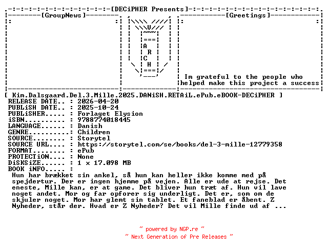 NFO for the release Kim.Dalsgaard.Del.3.Mille.2025.DANiSH.RETAiL.ePub.eBOOK-DECiPHER by DECiPHER