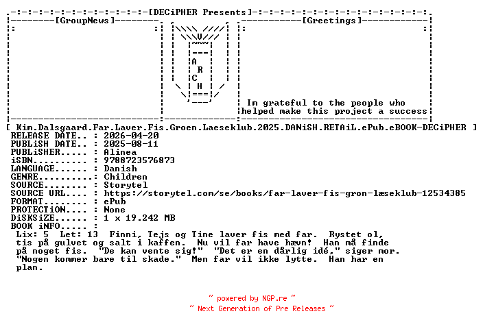 NFO for the release Kim.Dalsgaard.Far.Laver.Fis.Groen.Laeseklub.2025.DANiSH.RETAiL.ePub.eBOOK-DECiPHER by DECiPHER