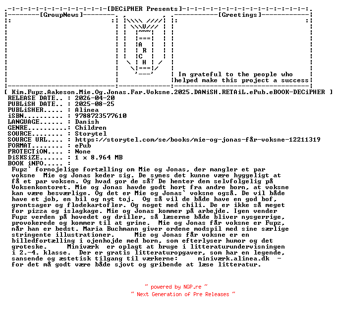 NFO for the release Kim.Fupz.Aakeson.Mie.Og.Jonas.Far.Voksne.2025.DANiSH.RETAiL.ePub.eBOOK-DECiPHER by DECiPHER