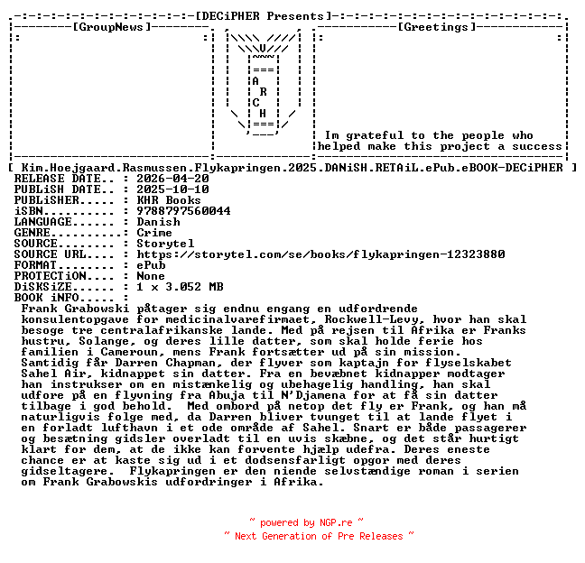 NFO for the release Kim.Hoejgaard.Rasmussen.Flykapringen.2025.DANiSH.RETAiL.ePub.eBOOK-DECiPHER by DECiPHER