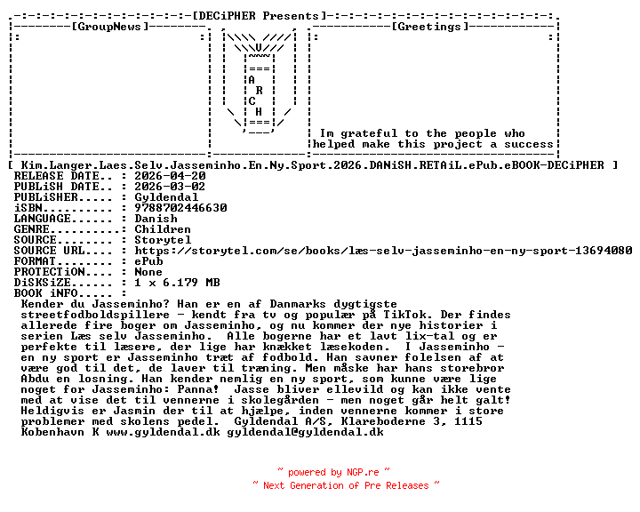 NFO for the release Kim.Langer.Laes.Selv.Jasseminho.En.Ny.Sport.2026.DANiSH.RETAiL.ePub.eBOOK-DECiPHER by DECiPHER