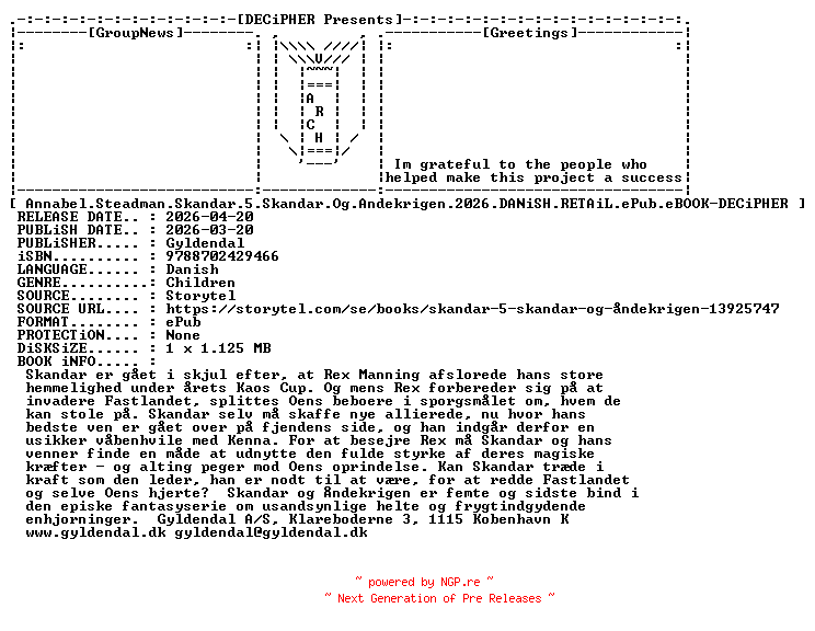 NFO for the release Annabel.Steadman.Skandar.5.Skandar.Og.Andekrigen.2026.DANiSH.RETAiL.ePub.eBOOK-DECiPHER by DECiPHER