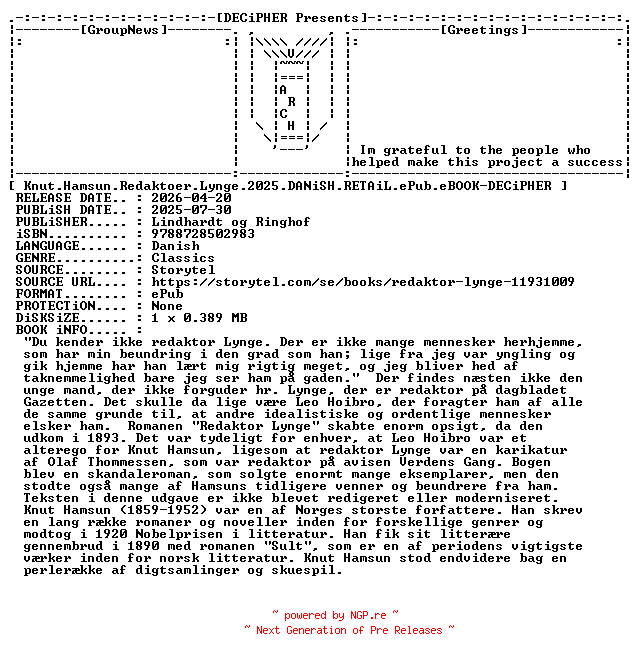 NFO for the release Knut.Hamsun.Redaktoer.Lynge.2025.DANiSH.RETAiL.ePub.eBOOK-DECiPHER by DECiPHER