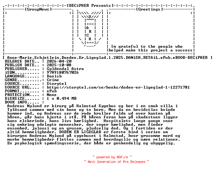NFO for the release Anne.Marie.Schjetlein.Doeden.Er.Ligeglad.1.2025.DANiSH.RETAiL.ePub.eBOOK-DECiPHER by DECiPHER