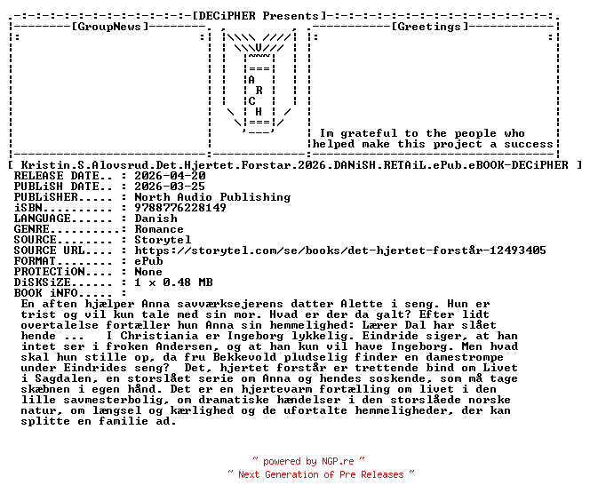 NFO for the release Kristin.S.Alovsrud.Det.Hjertet.Forstar.2026.DANiSH.RETAiL.ePub.eBOOK-DECiPHER by DECiPHER