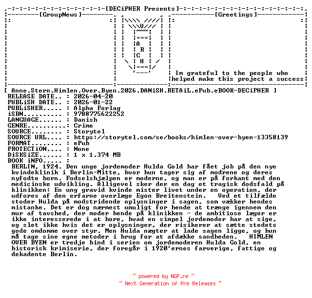 NFO for the release Anne.Stern.Himlen.Over.Byen.2026.DANiSH.RETAiL.ePub.eBOOK-DECiPHER by DECiPHER
