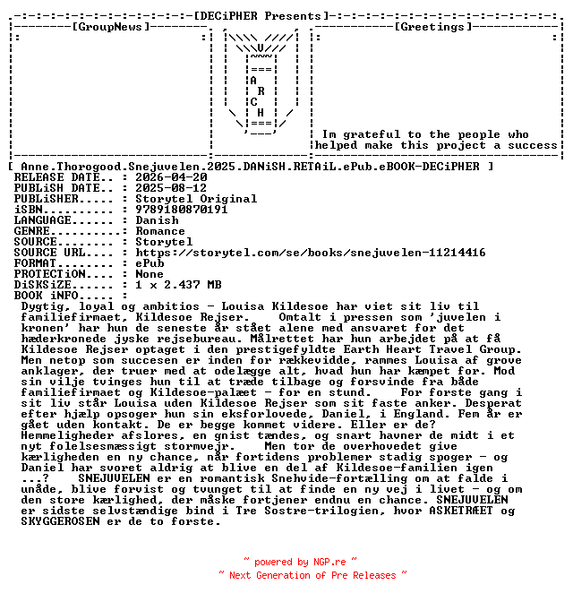 NFO for the release Anne.Thorogood.Snejuvelen.2025.DANiSH.RETAiL.ePub.eBOOK-DECiPHER by DECiPHER