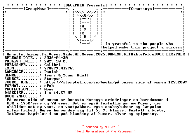NFO for the release Annette.Herzog.Pa.Vores.Side.Af.Muren.2025.DANiSH.RETAiL.ePub.eBOOK-DECiPHER by DECiPHER
