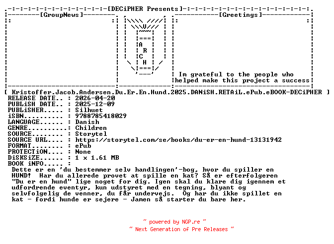 NFO for the release Kristoffer.Jacob.Andersen.Du.Er.En.Hund.2025.DANiSH.RETAiL.ePub.eBOOK-DECiPHER by DECiPHER