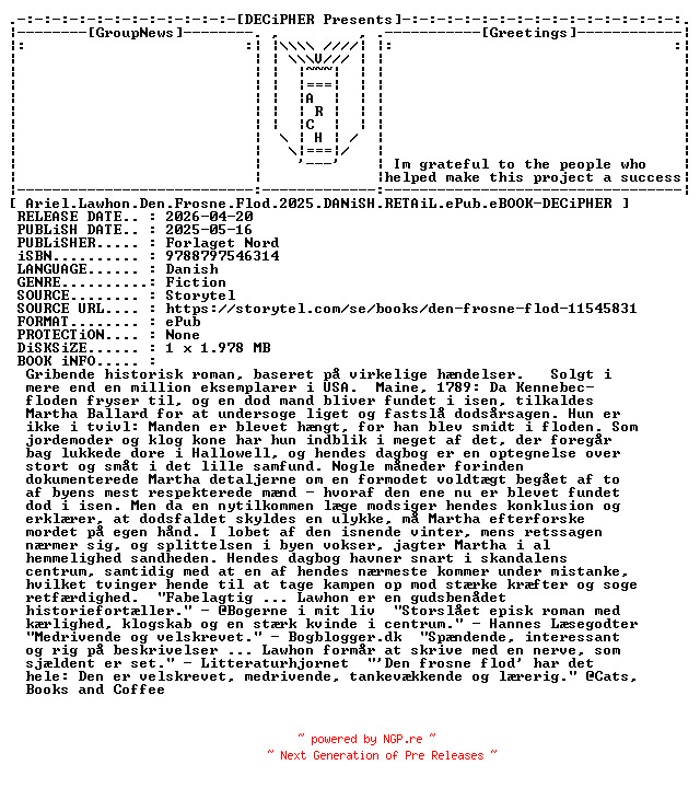 NFO for the release Ariel.Lawhon.Den.Frosne.Flod.2025.DANiSH.RETAiL.ePub.eBOOK-DECiPHER by DECiPHER