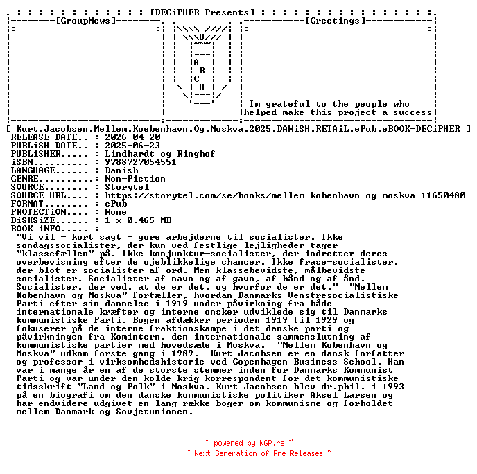 NFO for the release Kurt.Jacobsen.Mellem.Koebenhavn.Og.Moskva.2025.DANiSH.RETAiL.ePub.eBOOK-DECiPHER by DECiPHER