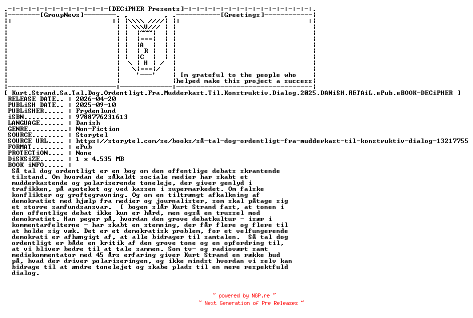 NFO for the release Kurt.Strand.Sa.Tal.Dog.Ordentligt.Fra.Mudderkast.Til.Konstruktiv.Dialog.2025.DANiSH.RETAiL.ePub.eBOOK-DECiPHER by DECiPHER