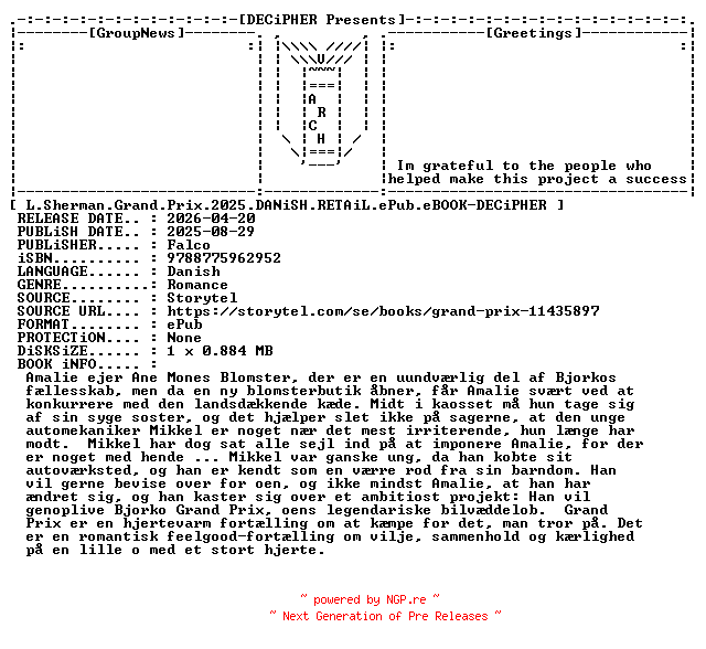 NFO for the release L.Sherman.Grand.Prix.2025.DANiSH.RETAiL.ePub.eBOOK-DECiPHER by DECiPHER