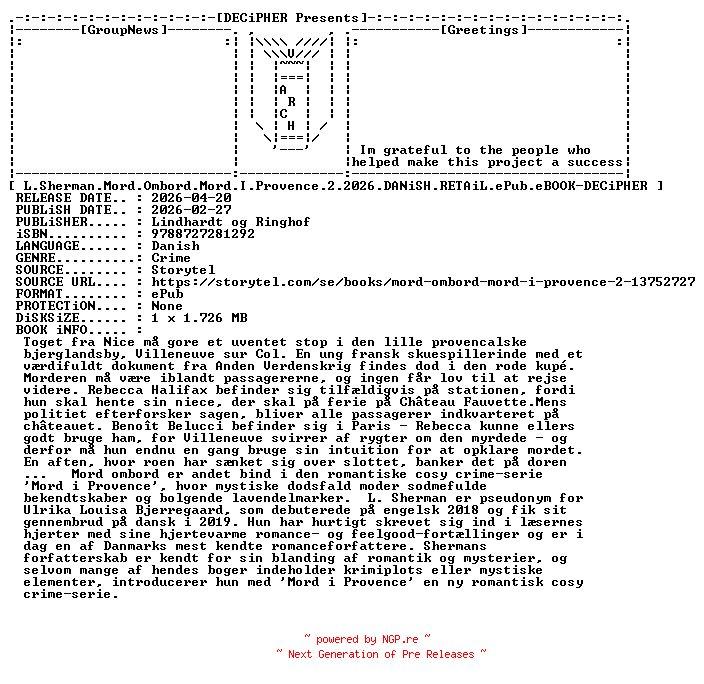 NFO for the release L.Sherman.Mord.Ombord.Mord.I.Provence.2.2026.DANiSH.RETAiL.ePub.eBOOK-DECiPHER by DECiPHER
