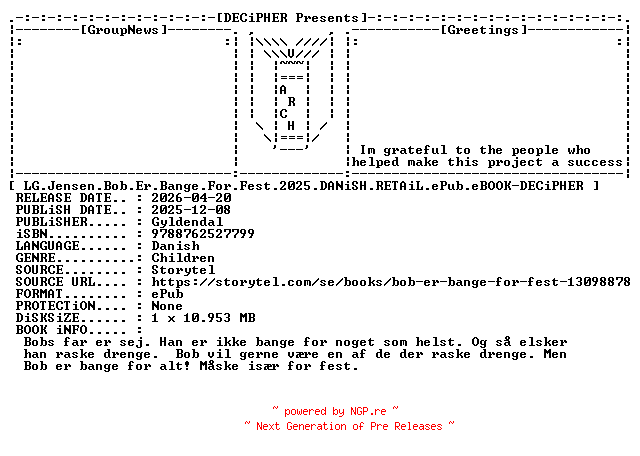 NFO for the release LG.Jensen.Bob.Er.Bange.For.Fest.2025.DANiSH.RETAiL.ePub.eBOOK-DECiPHER by DECiPHER
