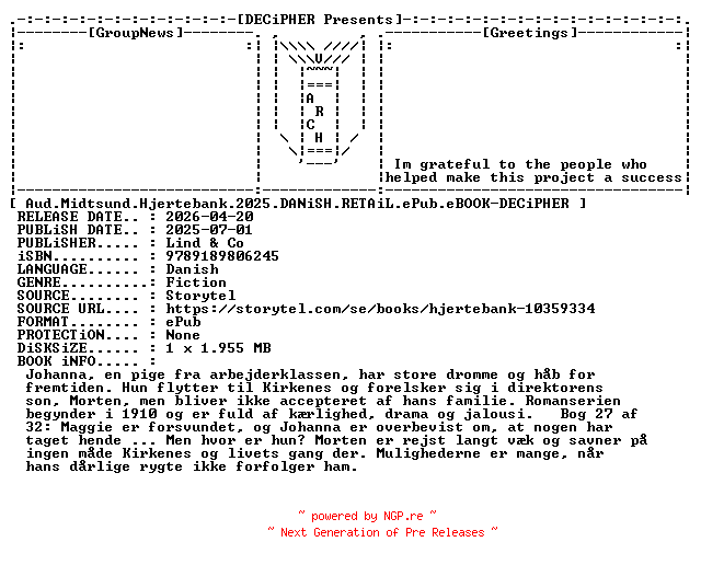 NFO for the release Aud.Midtsund.Hjertebank.2025.DANiSH.RETAiL.ePub.eBOOK-DECiPHER by DECiPHER