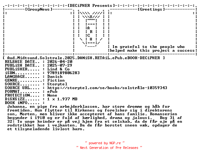 NFO for the release Aud.Midtsund.Solstrale.2025.DANiSH.RETAiL.ePub.eBOOK-DECiPHER by DECiPHER