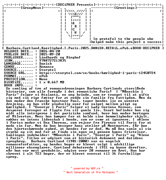 NFO for the release Barbara.Cartland.Kaerlighed.I.Paris.2025.DANiSH.RETAiL.ePub.eBOOK-DECiPHER by DECiPHER
