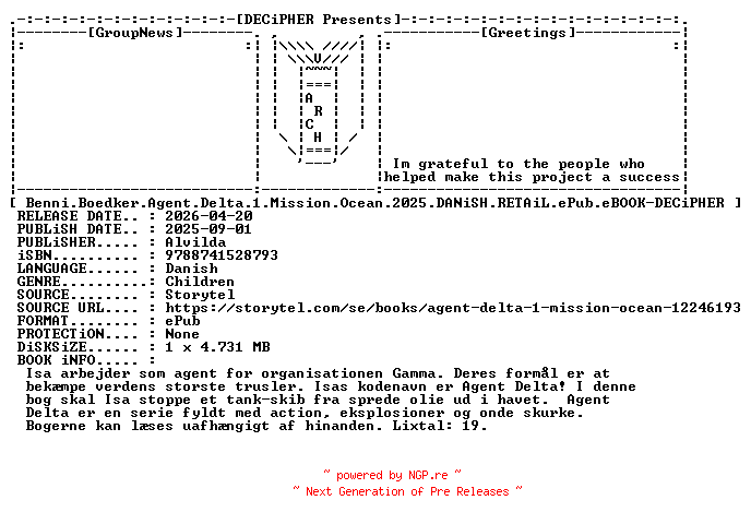 NFO for the release Benni.Boedker.Agent.Delta.1.Mission.Ocean.2025.DANiSH.RETAiL.ePub.eBOOK-DECiPHER by DECiPHER