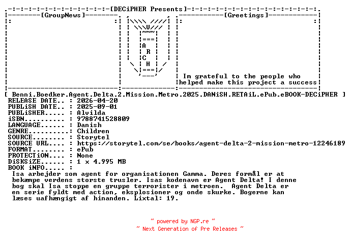 NFO for the release Benni.Boedker.Agent.Delta.2.Mission.Metro.2025.DANiSH.RETAiL.ePub.eBOOK-DECiPHER by DECiPHER