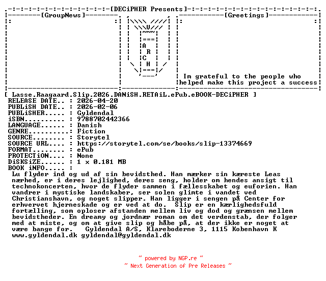 NFO for the release Lasse.Raagaard.Slip.2026.DANiSH.RETAiL.ePub.eBOOK-DECiPHER by DECiPHER