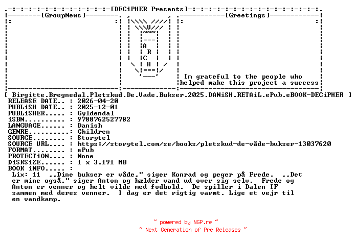 NFO for the release Birgitte.Bregnedal.Pletskud.De.Vade.Bukser.2025.DANiSH.RETAiL.ePub.eBOOK-DECiPHER by DECiPHER
