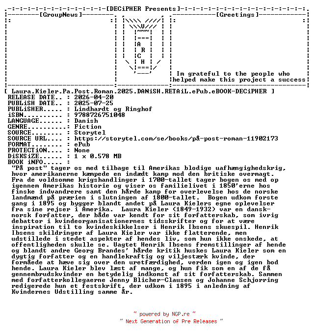 NFO for the release Laura.Kieler.Pa.Post.Roman.2025.DANiSH.RETAiL.ePub.eBOOK-DECiPHER by DECiPHER