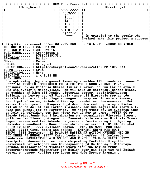 NFO for the release Birgitte.Vestermark.Offer.00.2025.DANiSH.RETAiL.ePub.eBOOK-DECiPHER by DECiPHER