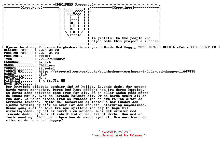 NFO for the release Bjarne.Nordberg.Pedersen.Evighedens.Terninger.6.Doede.Ved.Daggry.2025.DANiSH.RETAiL.ePub.eBOOK-DECiPHER by DECiPHER