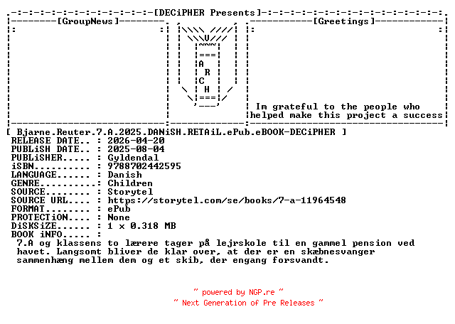 NFO for the release Bjarne.Reuter.7.A.2025.DANiSH.RETAiL.ePub.eBOOK-DECiPHER by DECiPHER