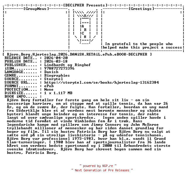 NFO for the release Bjorn.Borg.Hjerteslag.2026.DANiSH.RETAiL.ePub.eBOOK-DECiPHER by DECiPHER