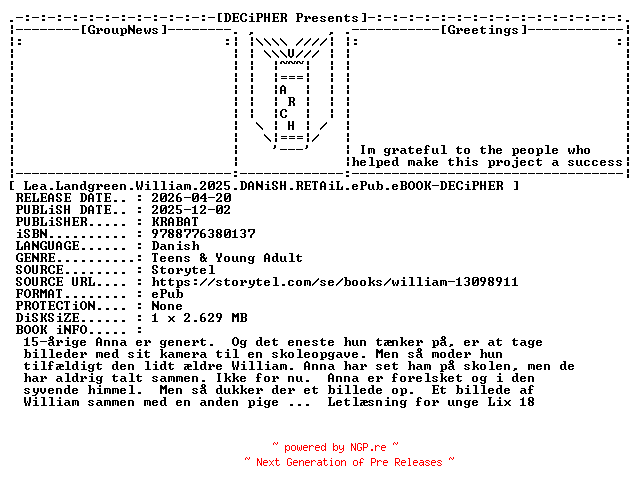 NFO for the release Lea.Landgreen.William.2025.DANiSH.RETAiL.ePub.eBOOK-DECiPHER by DECiPHER
