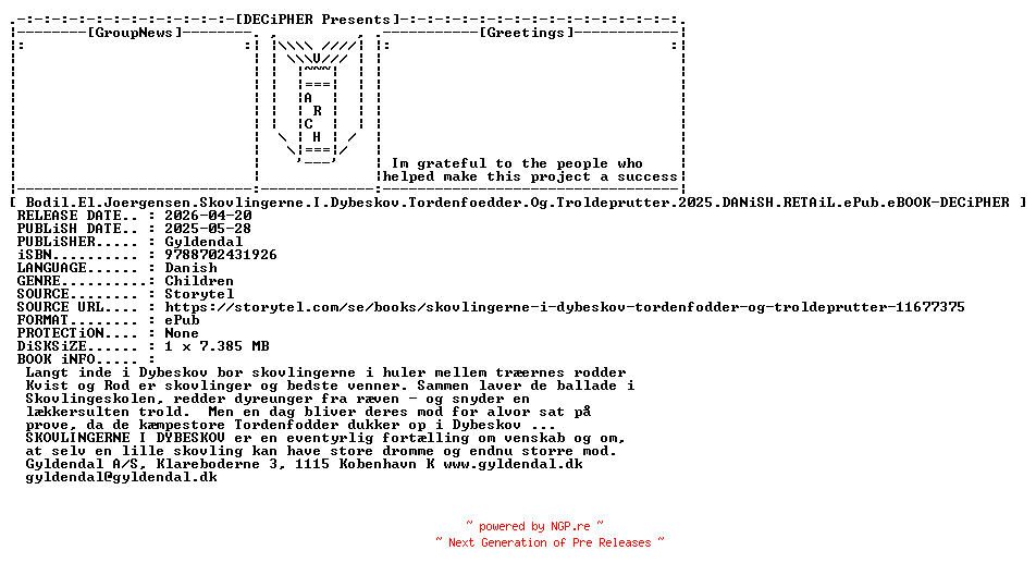 NFO for the release Bodil.El.Joergensen.Skovlingerne.I.Dybeskov.Tordenfoedder.Og.Troldeprutter.2025.DANiSH.RETAiL.ePub.eBOOK-DECiPHER by DECiPHER