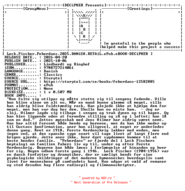 NFO for the release Leck.Fischer.Feberdans.2025.DANiSH.RETAiL.ePub.eBOOK-DECiPHER by DECiPHER