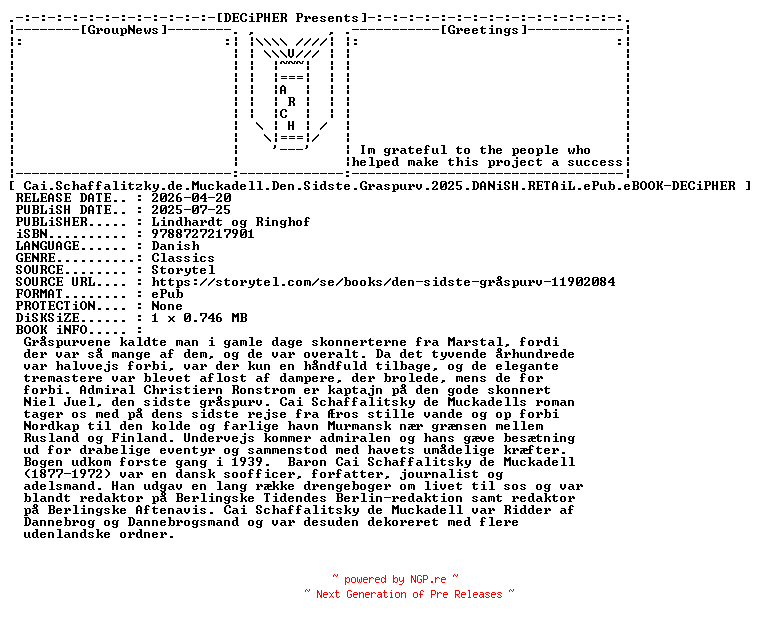 NFO for the release Cai.Schaffalitzky.De.Muckadell.Den.Sidste.Graspurv.2025.DANiSH.RETAiL.ePub.eBOOK-DECiPHER by DECiPHER