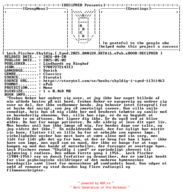 NFO for the release Leck.Fischer.Skyldig.I.Synd.2025.DANiSH.RETAiL.ePub.eBOOK-DECiPHER by DECiPHER