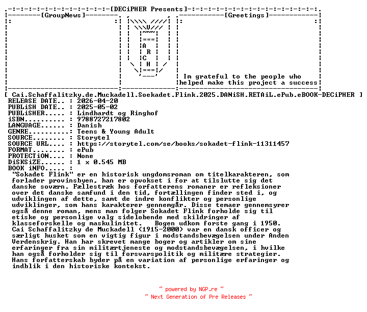 NFO for the release Cai.Schaffalitzky.De.Muckadell.Soekadet.Flink.2025.DANiSH.RETAiL.ePub.eBOOK-DECiPHER by DECiPHER