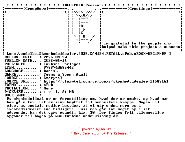 NFO for the release Lene.Vendelbo.Skoenhedsidealer.2025.DANiSH.RETAiL.ePub.eBOOK-DECiPHER by DECiPHER